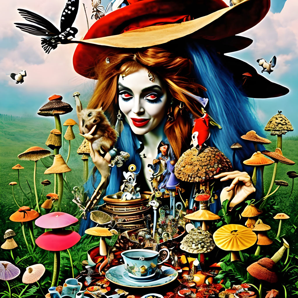 Colorful surreal scene with Mad Hatter-like character and whimsical elements.