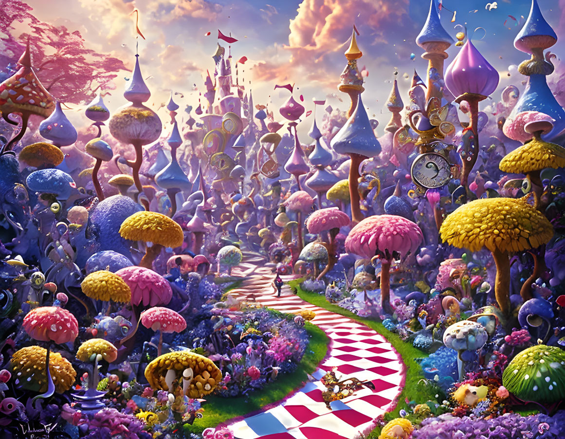 Colorful Fantasy Landscape with Mushroom Buildings and Checkered Path