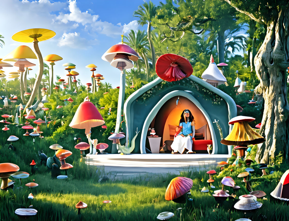 Person sitting at mushroom-shaped house in colorful garden under clear sky