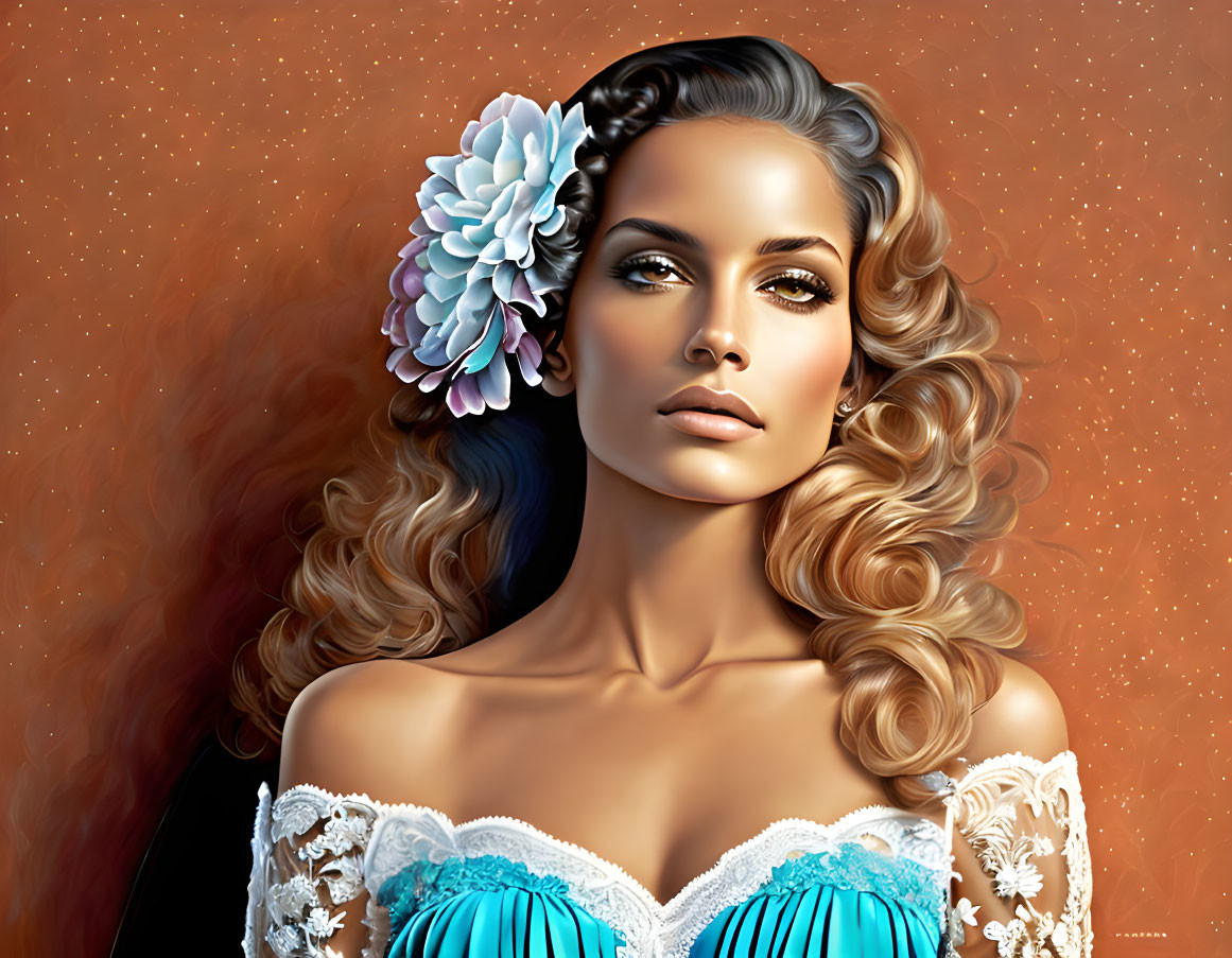 Detailed digital portrait of woman with curly hair, flower, blue dress on brown background