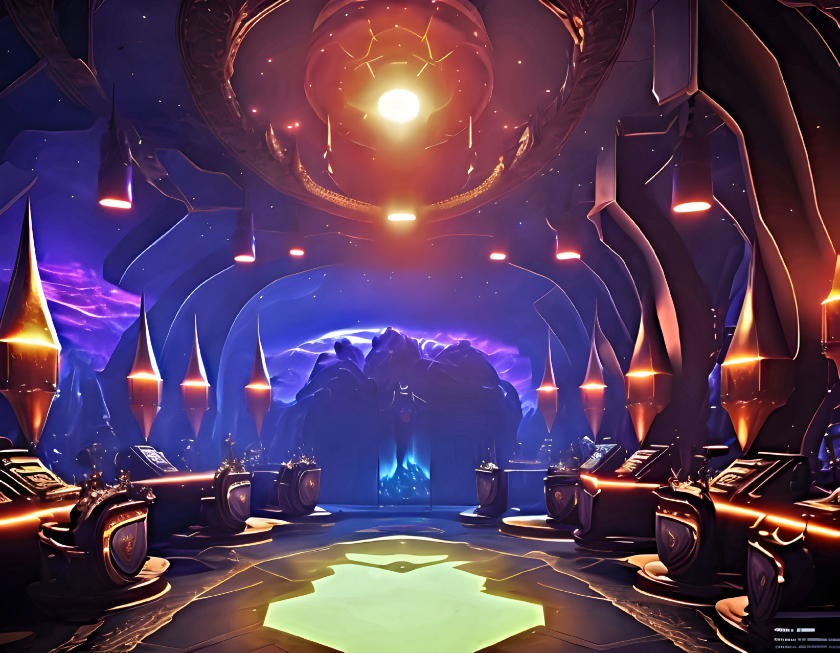 Futuristic chamber with glowing purple hues and a central sun-like orb