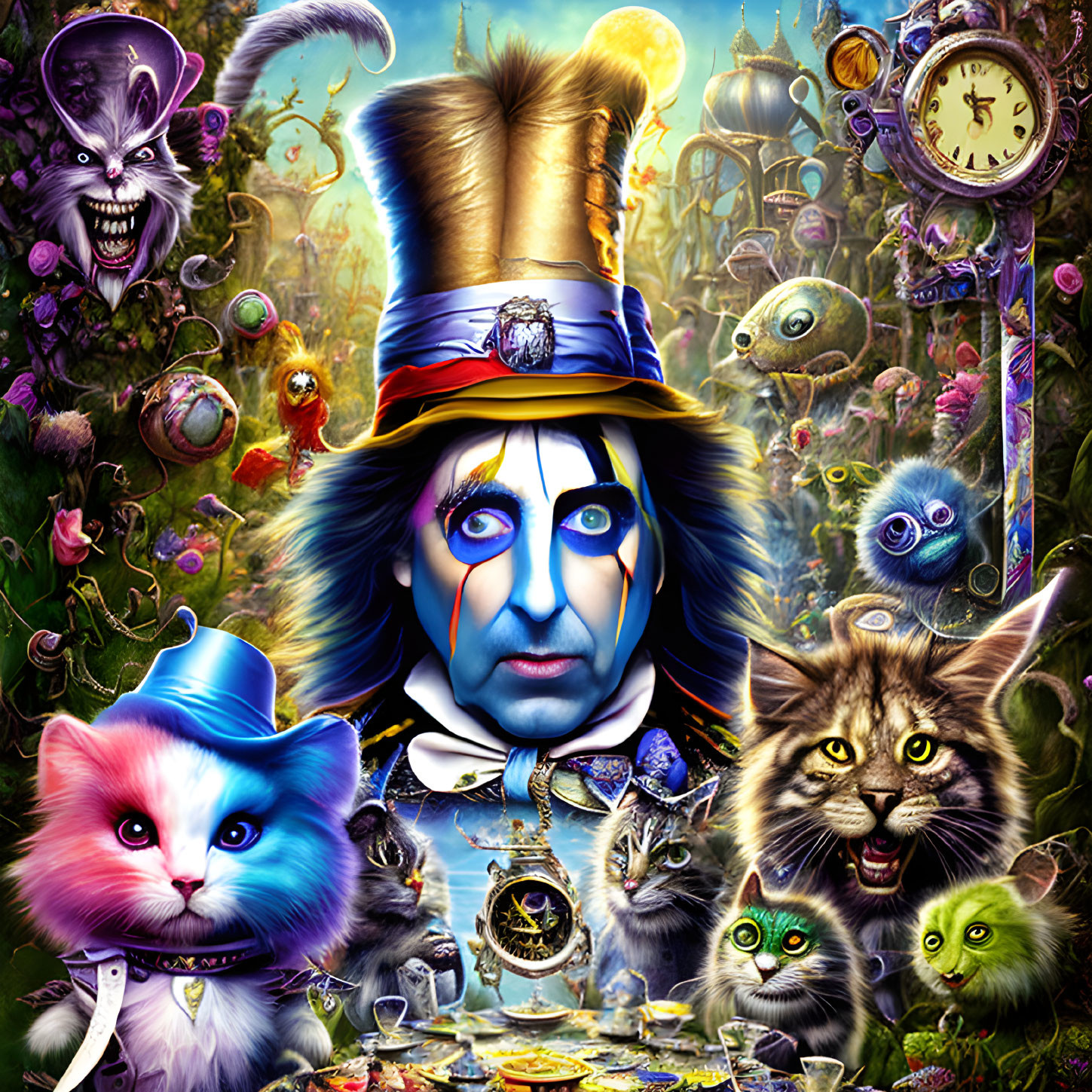 Whimsical Artwork: Character with Large Hat & Expressive Cats