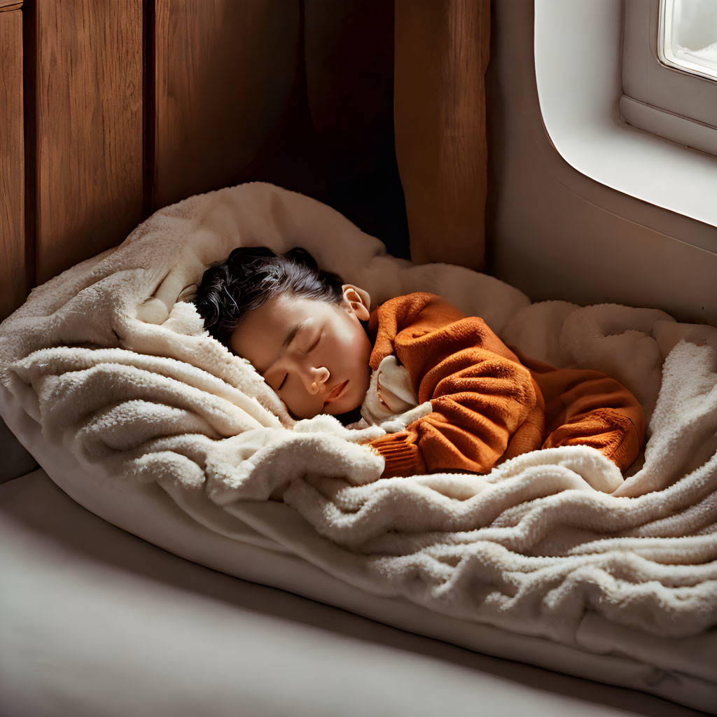 Child sleeping in cozy bed by airplane window in orange sweater and white blanket