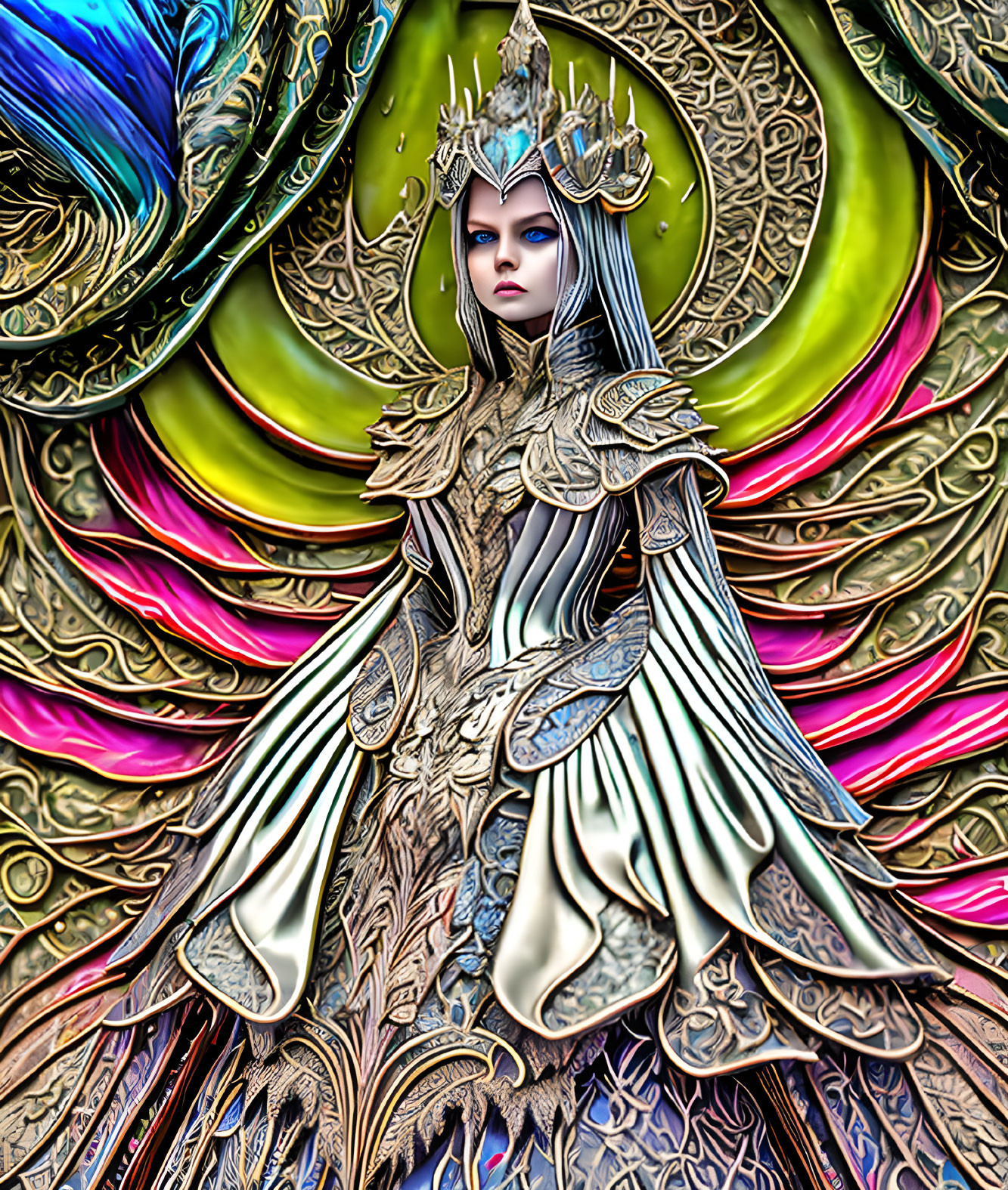 Golden armored female figure with crown on vibrant swirl background