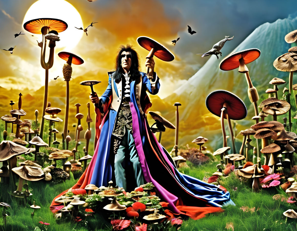 Colorful Outfit Person Surrounded by Giant Mushrooms and Floating Objects under Dramatic Sky