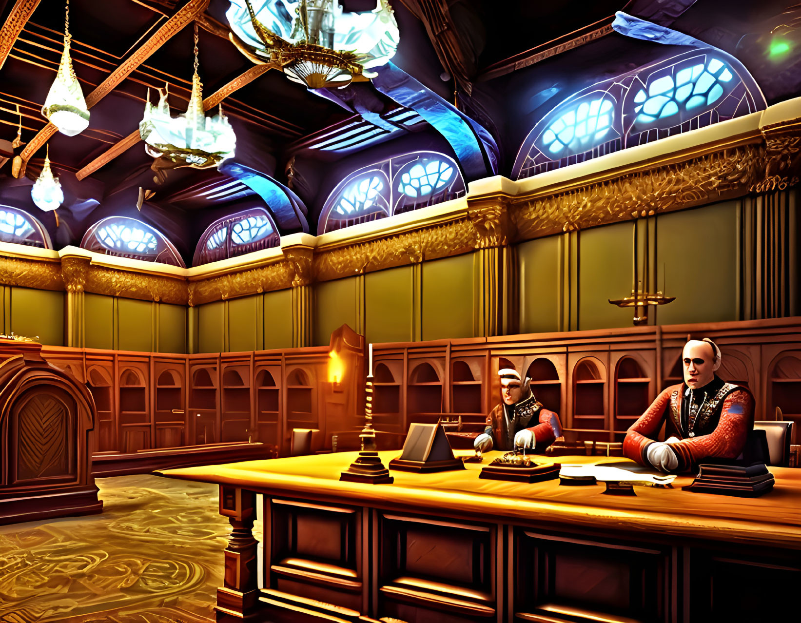 Ornate courtroom with wood paneling and stained glass windows