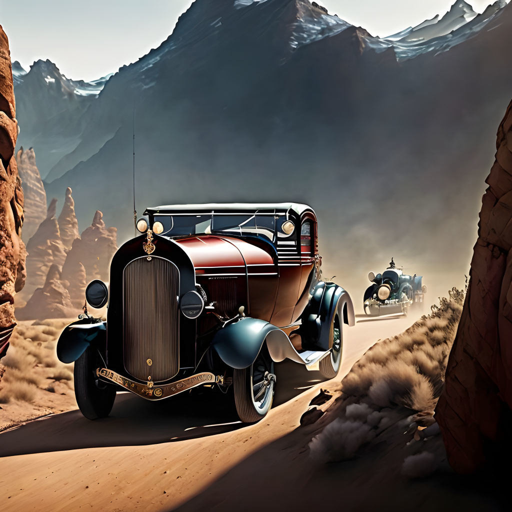 Vintage cars driving through desert canyon with towering rocky walls.