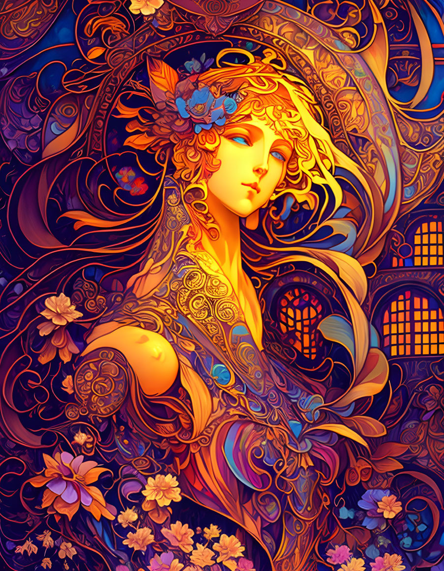 Colorful Art Nouveau Woman Illustration with Flowing Hair and Floral Adornments