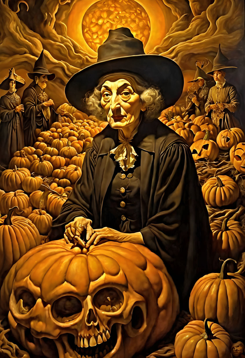 Eerie painting of witch with pumpkin head among pumpkins and witches under full moon