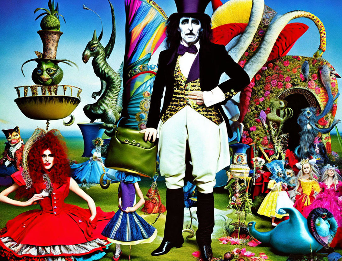 Vibrant Alice in Wonderland characters with whimsical creatures and decor