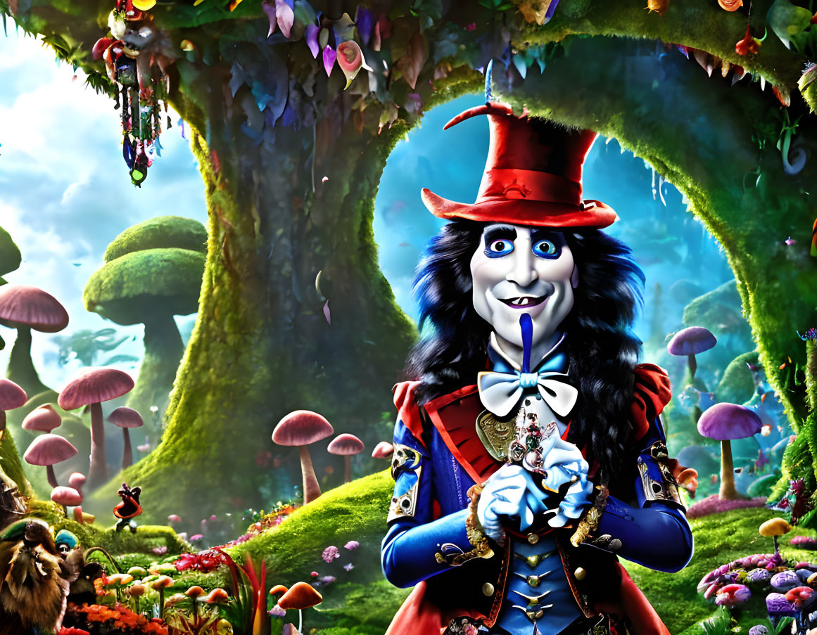 Colorful character in red hat and blue jacket in vibrant enchanted forest