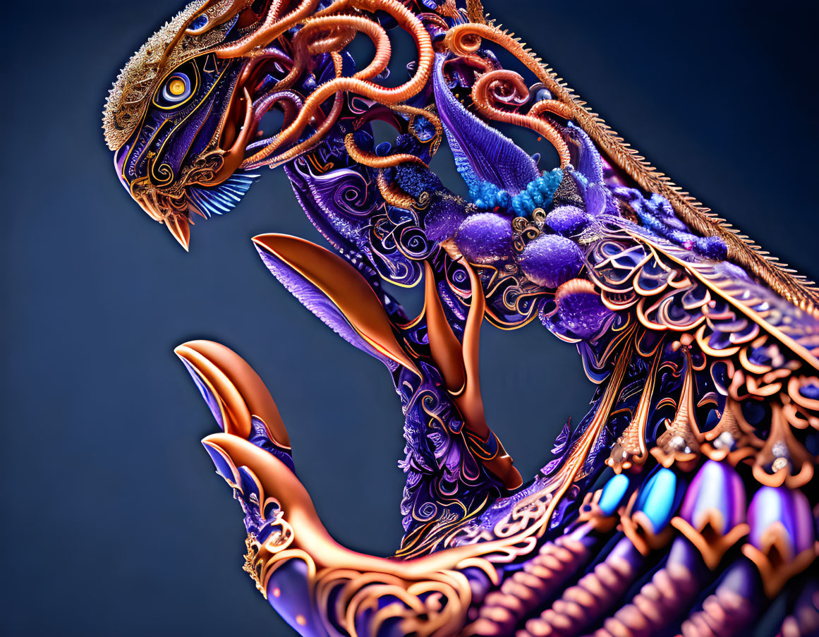 Ornate dragon digital art with vibrant hues on blue background