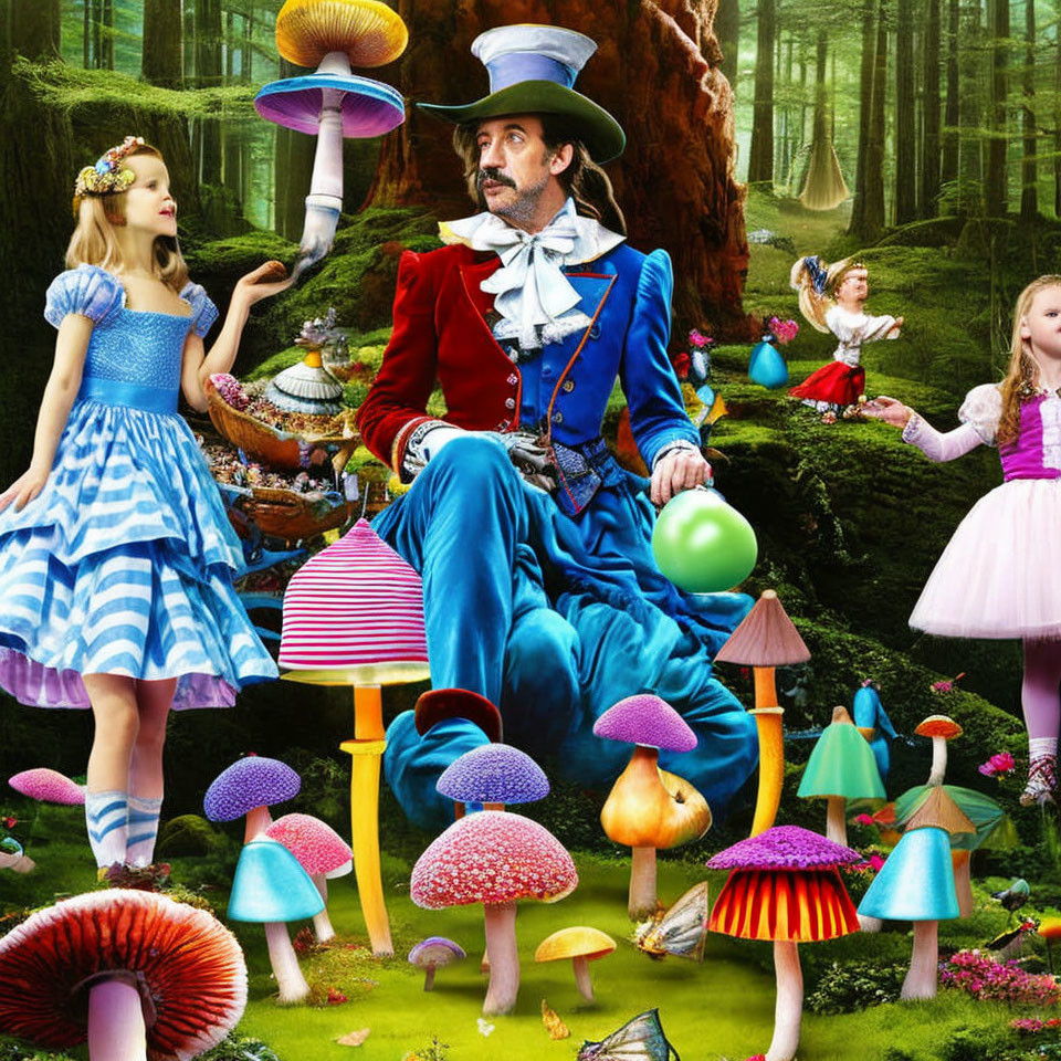 Man in Mad Hatter costume with colorful mushrooms and children in fairy tale attire in enchanted forest.