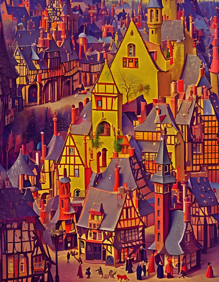 Colorful European Town Painting with Steep Roofs & Busy Streets