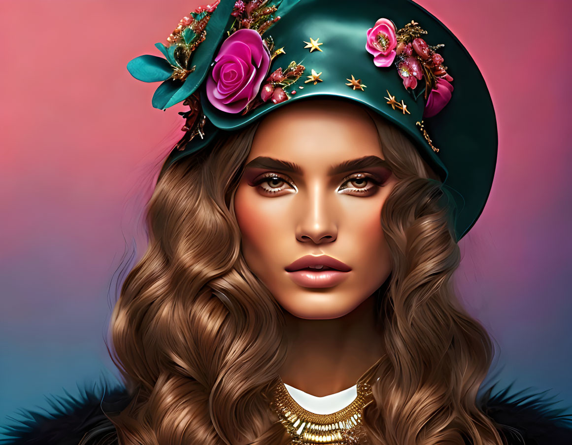 Portrait of woman with wavy hair in teal hat with pink roses and jewels on gradient background