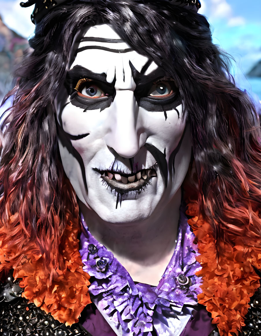 Dramatic gothic clown makeup with white face paint, dark eyes, black lipstick, purple attire