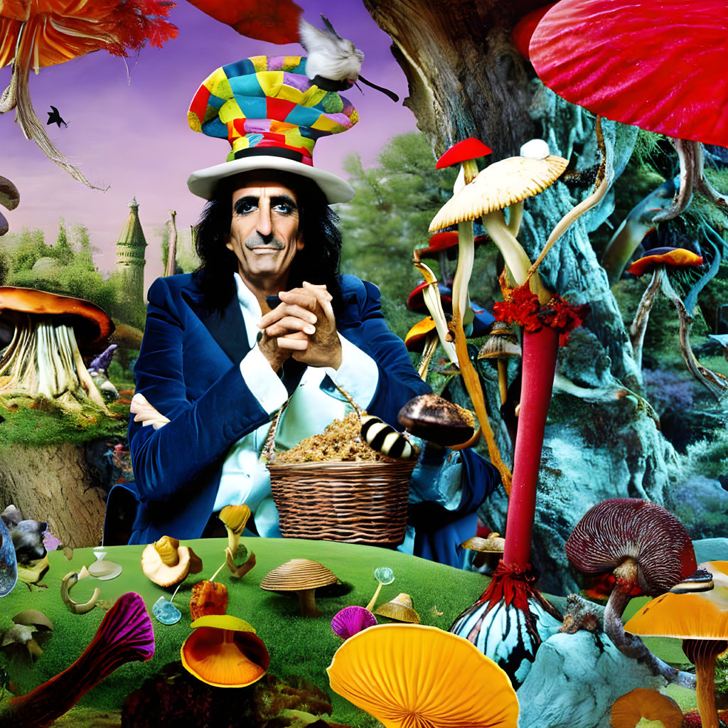 Colorful Fantasy Scene with Person in Multi-Colored Hat & Oversized Mushrooms