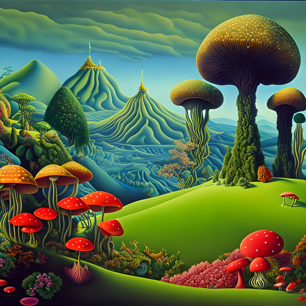 Surreal landscape with oversized mushrooms and whimsical vegetation