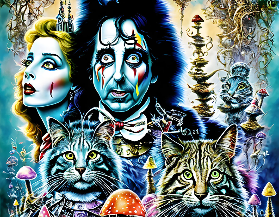 Vivid surreal illustration of pale woman, man with wild hair, cats, mushrooms, and candles