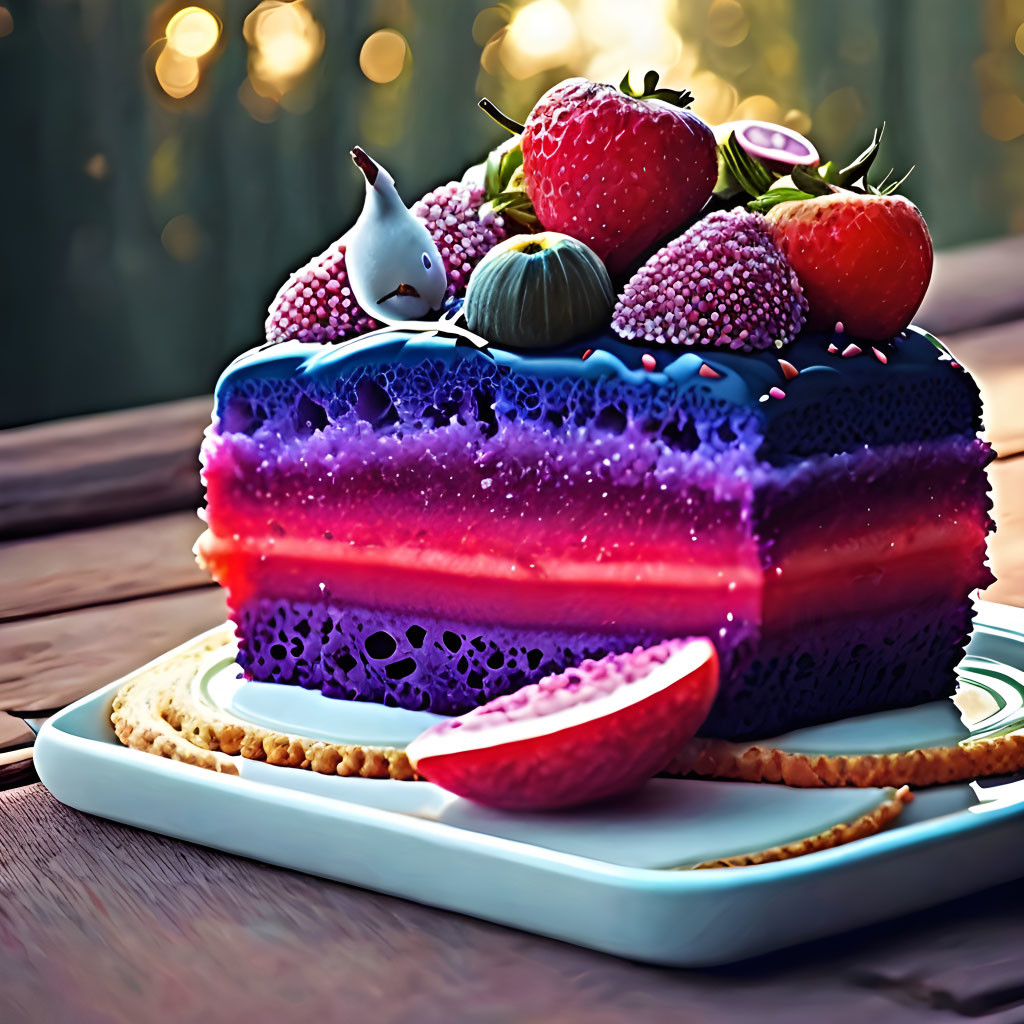 Colorful Galaxy-Themed Layered Cake with Fresh Fruit Toppings