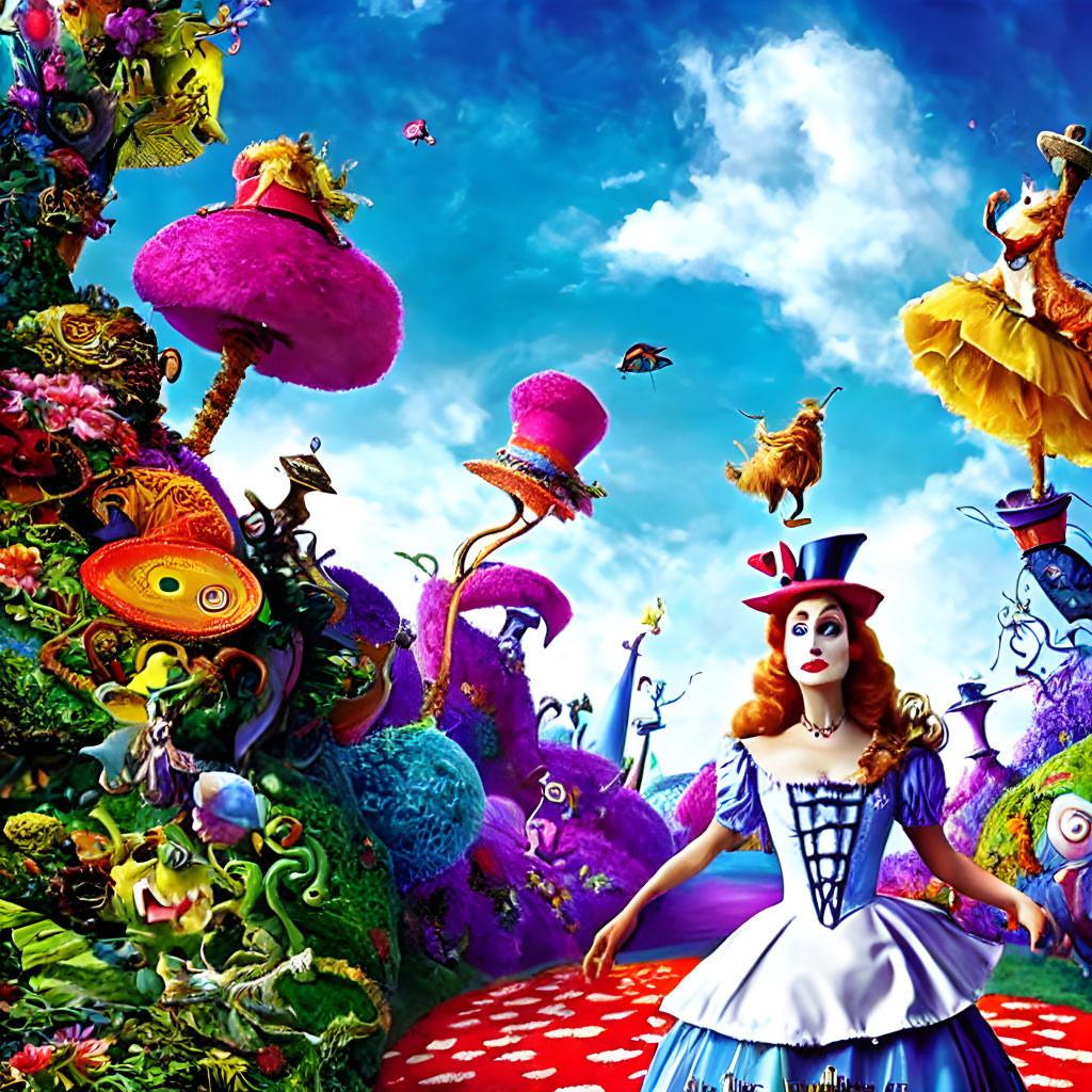 Colorful Alice in Wonderland-themed picture with whimsical trees and floating creatures