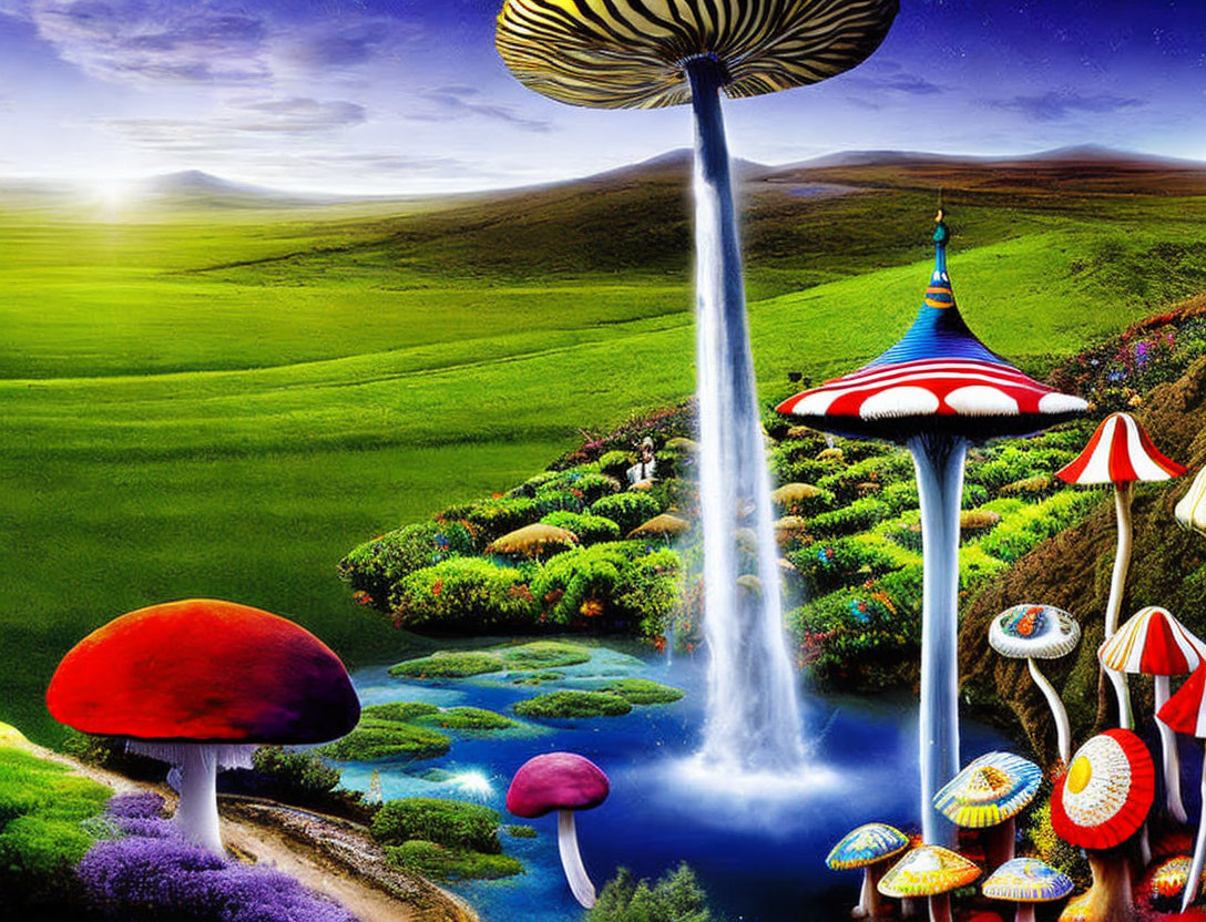 Colorful mushrooms, waterfall, lush greenery in surreal landscape