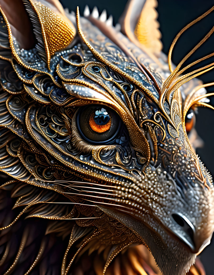 Intricate golden dragon-like creature with detailed eye and scales