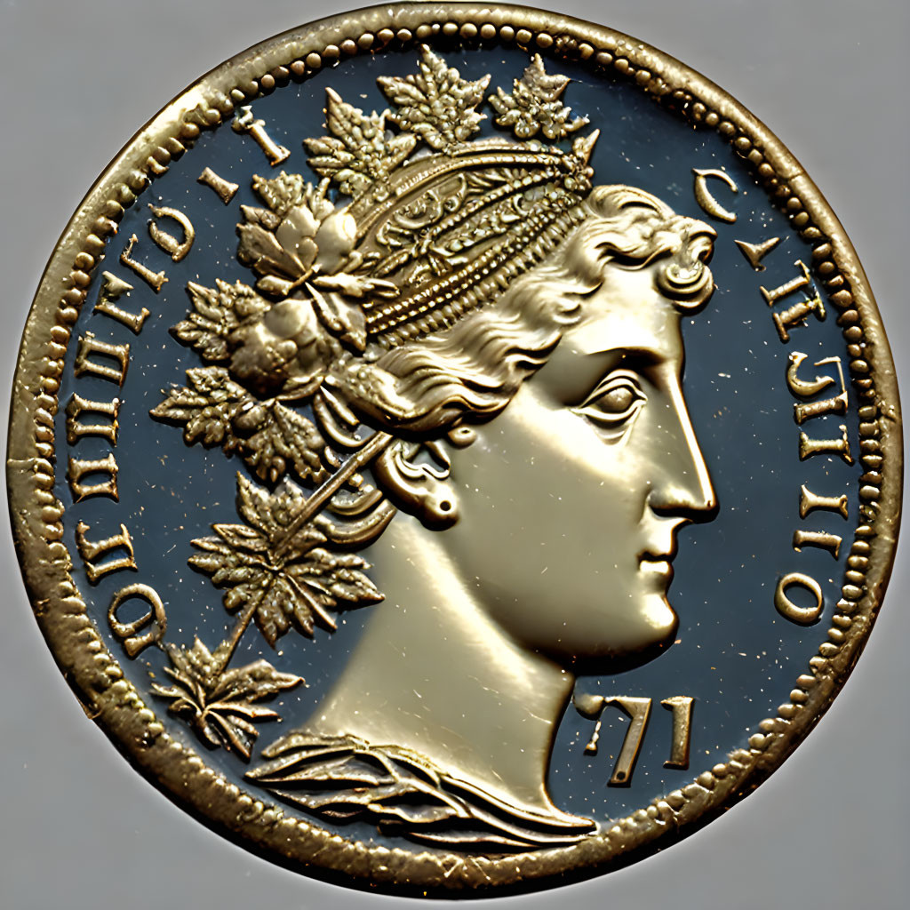 Classical figure profile on detailed laurel wreath coin.