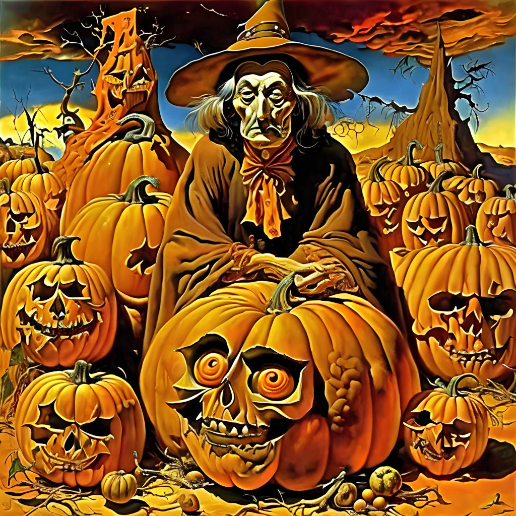 Vibrant Halloween-themed painting with witch, pumpkins, trees, and orange sky