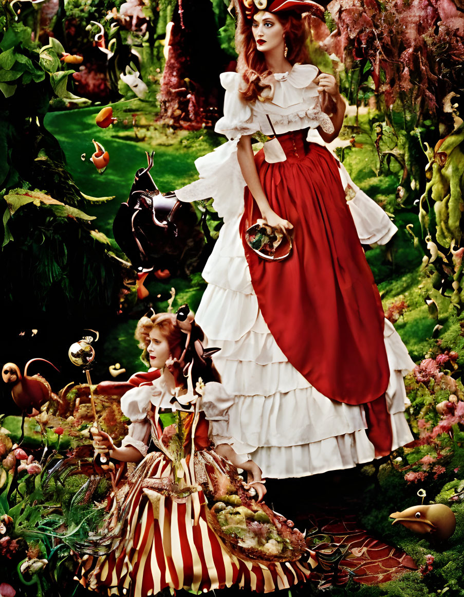 Colorful fantasy scene with two people in elaborate dresses and floating teapots