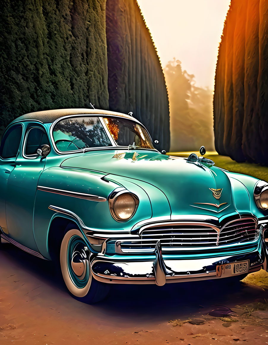 Vintage turquoise car parked next to hedge in warm sunlight.