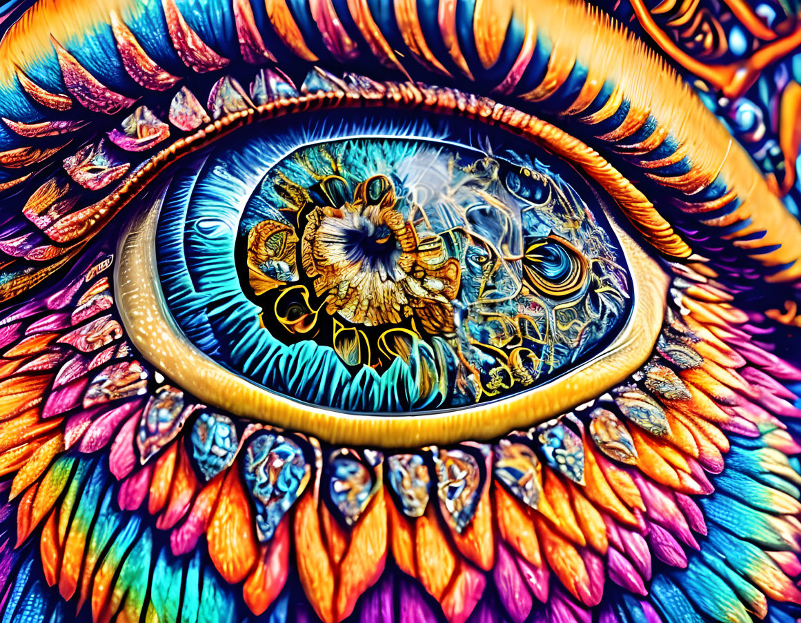 Colorful digital artwork: Eye with psychedelic, fractal patterns & feather textures