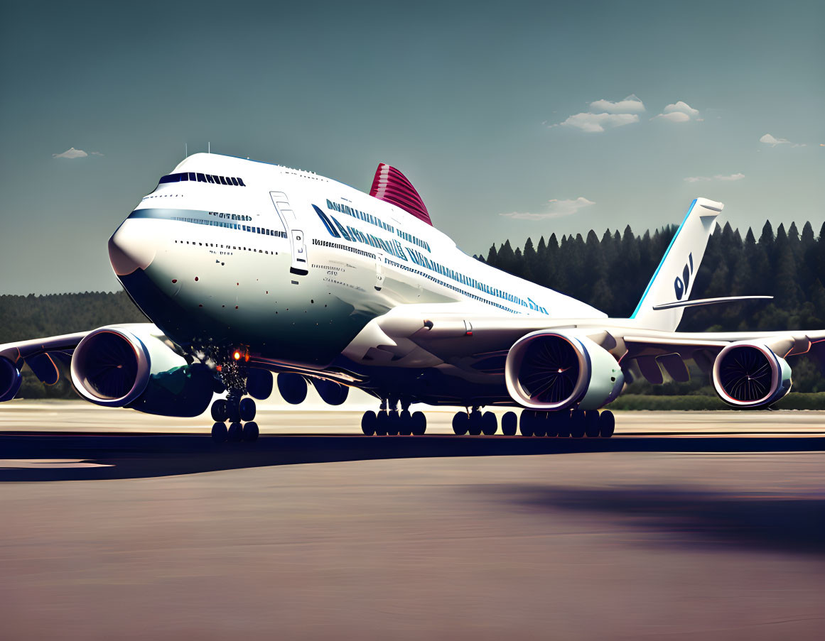 Commercial Airplane Taking Off at Sunset with Rear Wheels Lifting Off Runway