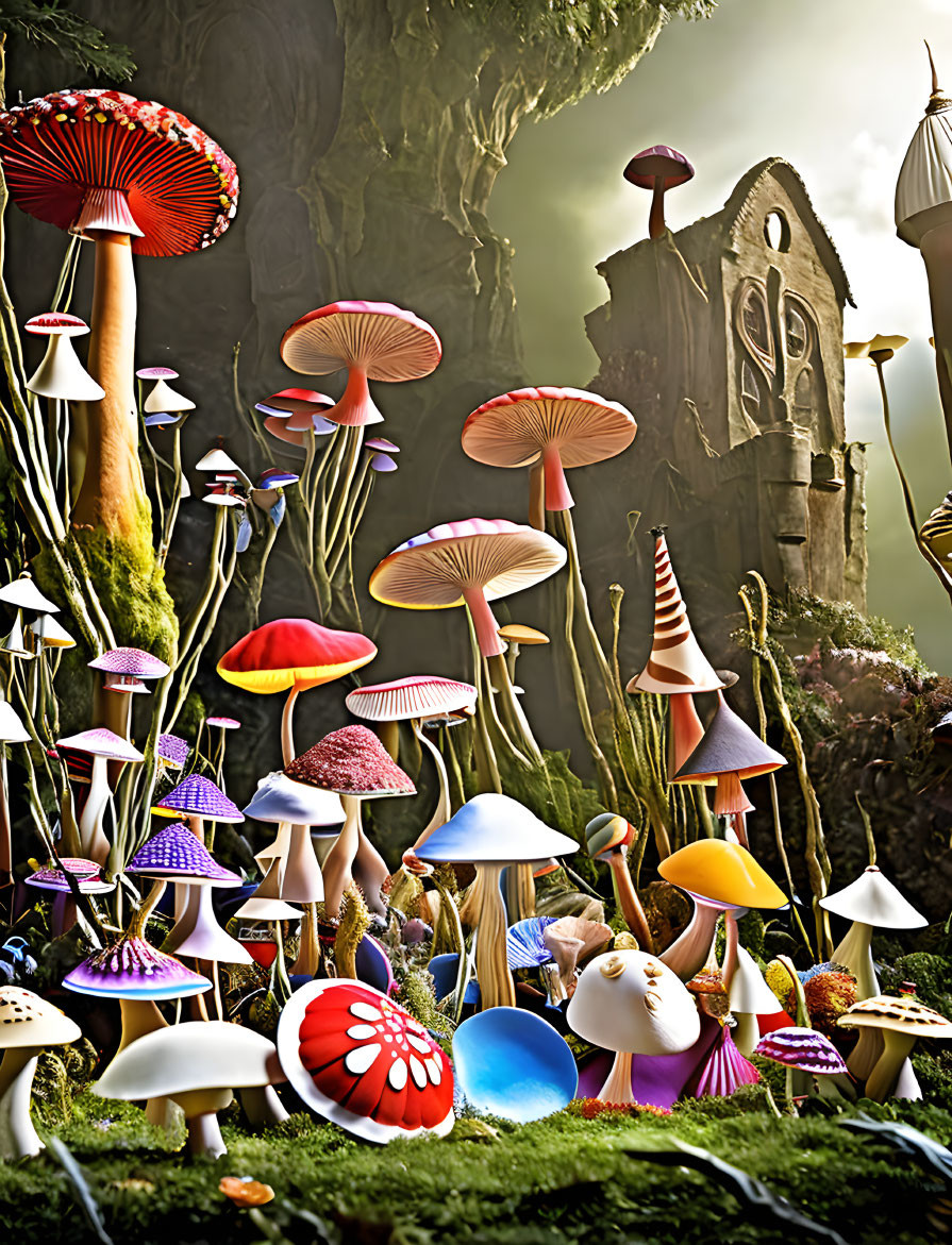 Fantasy forest scene with colorful mushrooms and castle under dramatic sky