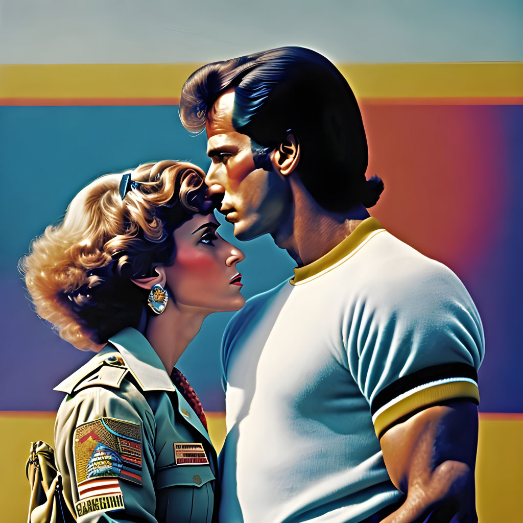 Vibrant profile illustration of man and woman near kiss