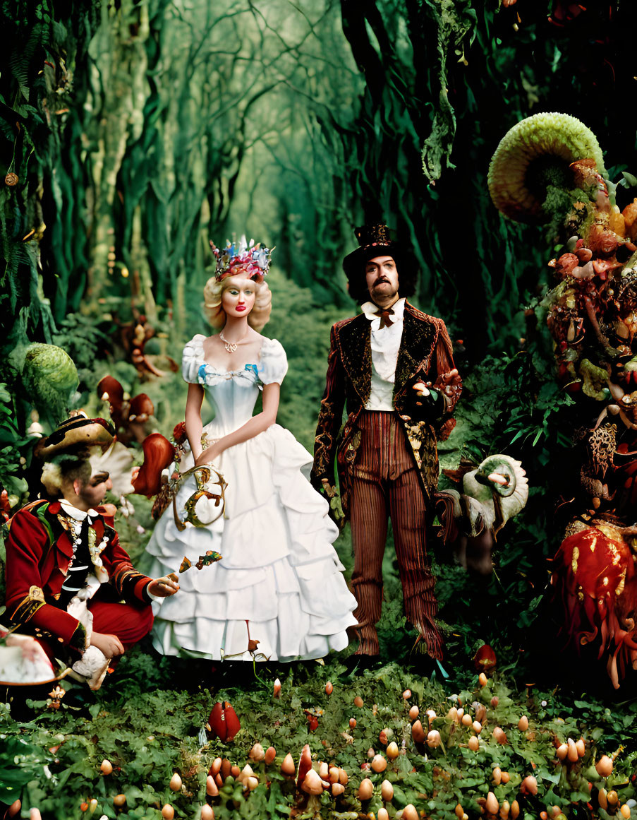 Four People in Elaborate Costumes Among Scattered Fruits