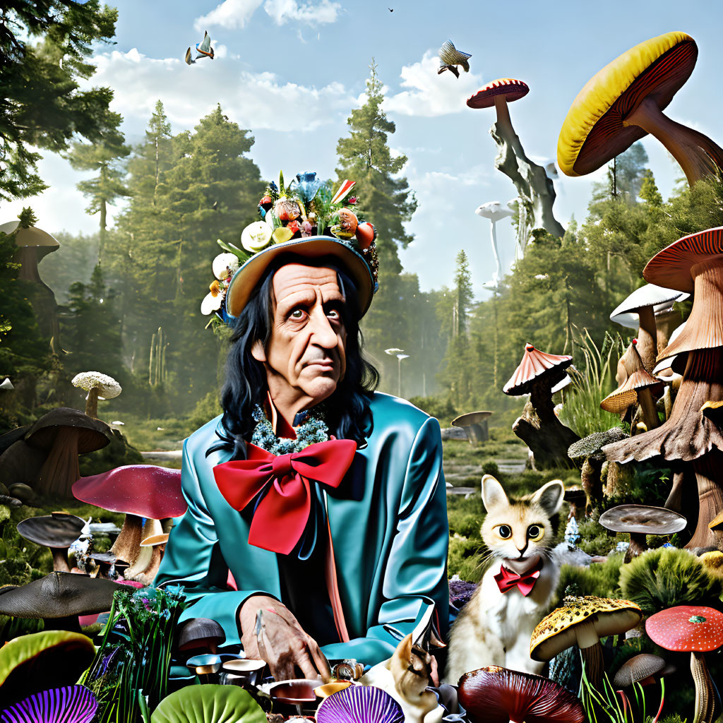 Whimsical Mad Hatter in Forest with Oversized Mushrooms and Bow-Tied Cat