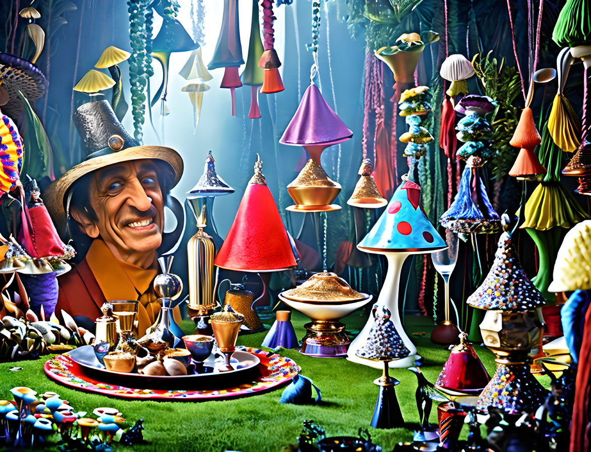 Colorful whimsical scene with man in top hat and mushroom decorations