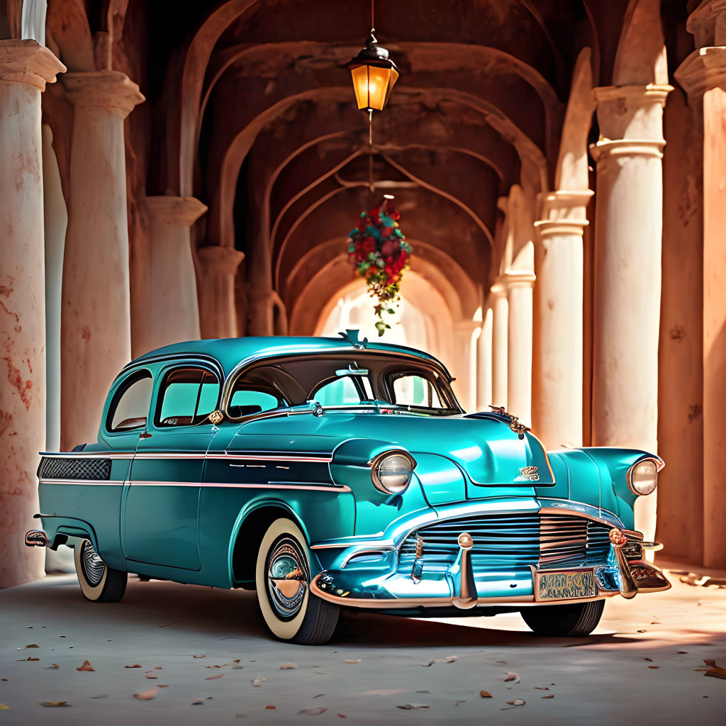 Vintage blue car parked in a decorated arched corridor with lanterns and a wreath, casting a