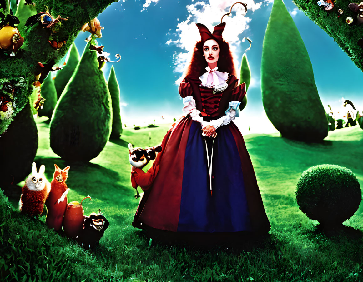 Queen of Hearts Costume in Whimsical Wonderland Setting