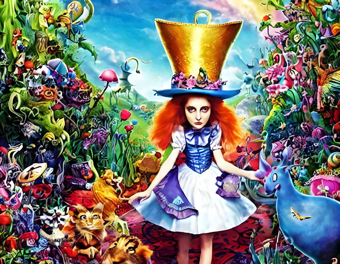 Whimsical Alice in Wonderland themed surreal scene with girl in blue dress