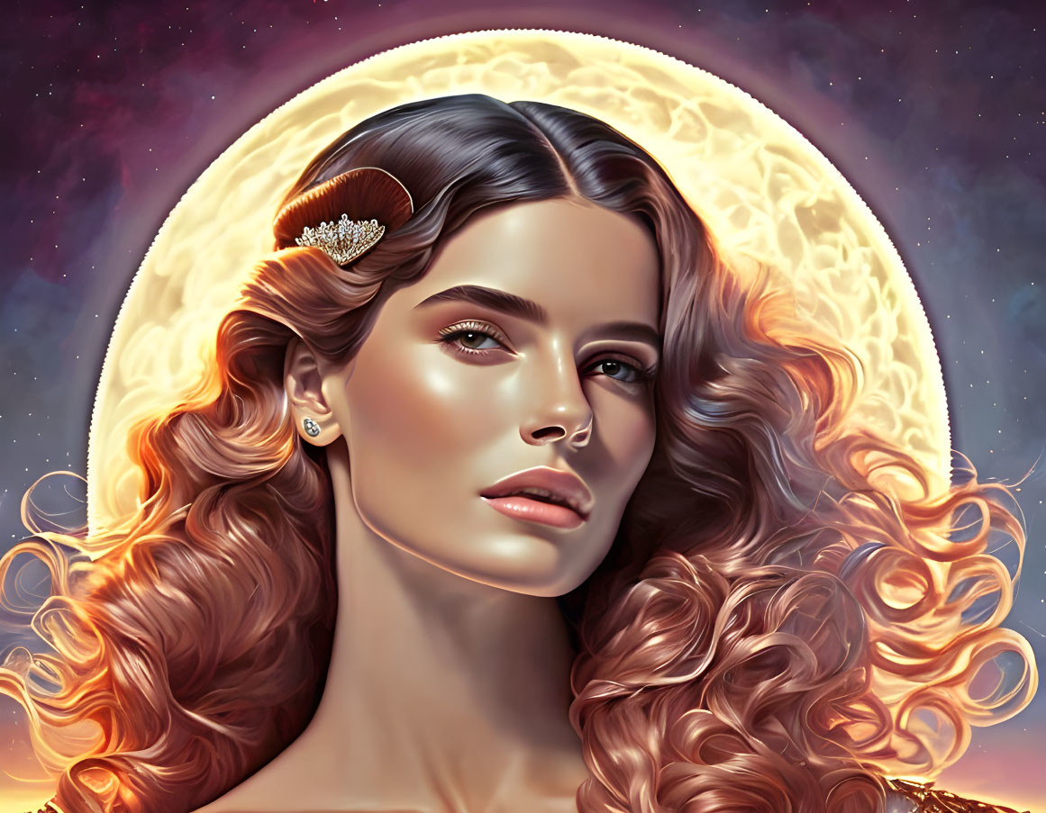 Digital illustration: Woman with wavy hair and celestial halo effect.