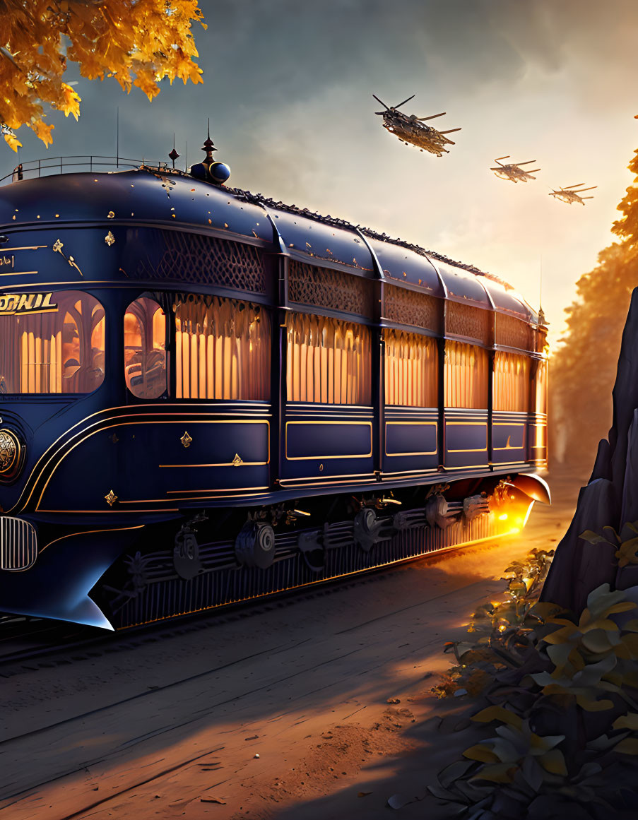 Vintage Blue Train with Golden Details in Autumnal Forest Scene