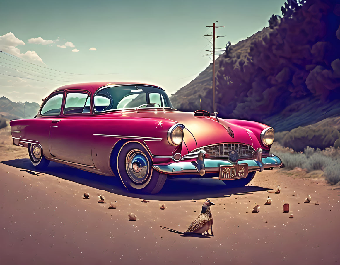 Vintage Pink Car and Quail in Deserted Road Scene