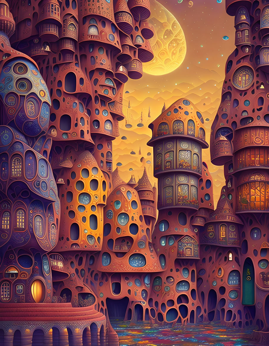 Whimsical fantasy landscape with organic buildings under starry sky