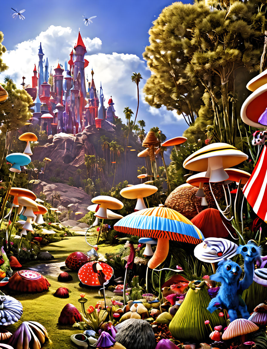 Colorful Mushroom Landscape with Fairytale Castle in the Distance