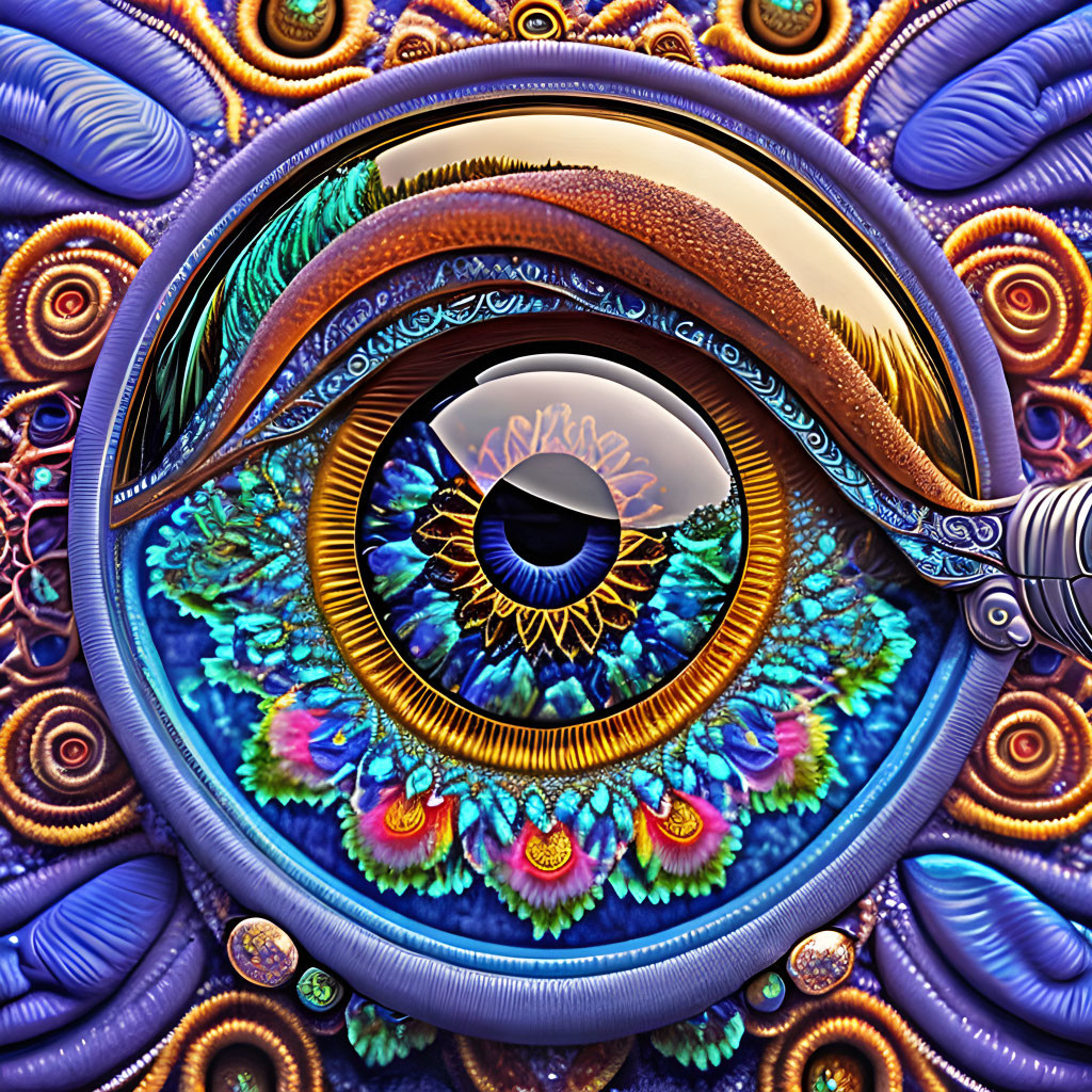 Detailed fractal human eye amidst colorful patterns