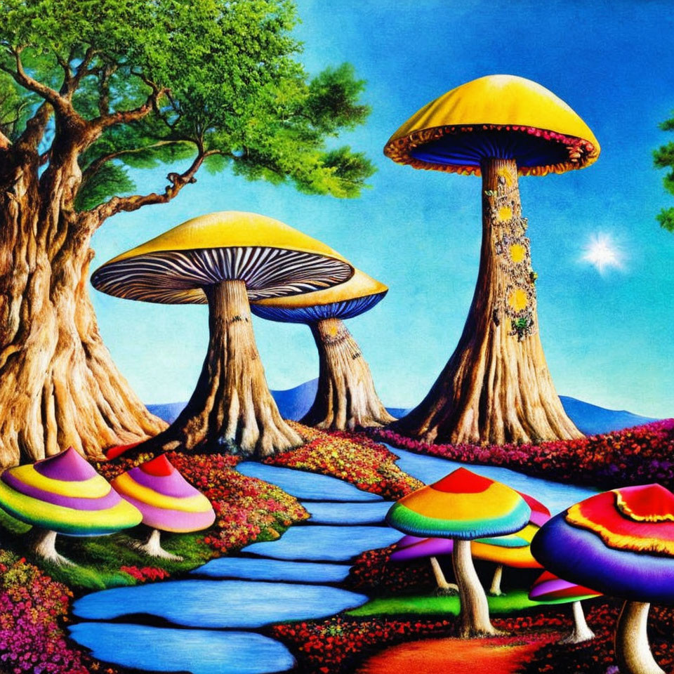 Colorful oversized mushroom trees in vibrant fantasy landscape