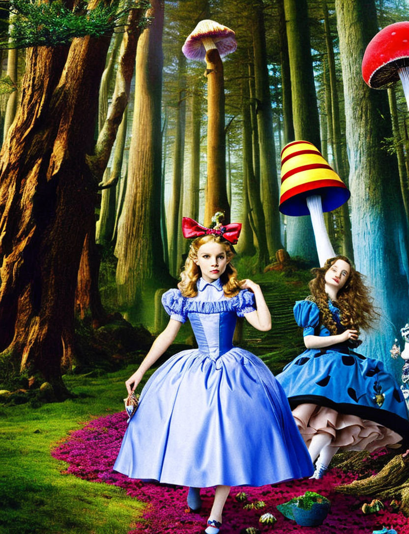 Two women in Alice in Wonderland costumes with oversized mushrooms in vibrant forest.