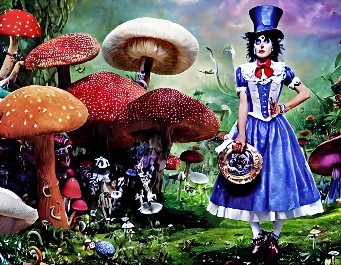 Costumed Alice in Wonderland among giant colorful mushrooms in whimsical forest